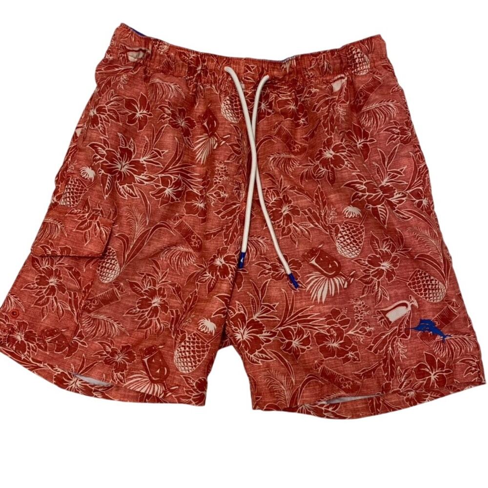 Tommy Bahama Mens Small Swim Trunks Red Floral Hawaiian Short Elastic Mesh Lined